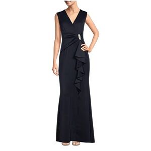 JESSICA HOWARD 🖤BLACK🖤 SLEEVELESS V-NECK SCUBA CASCADE RUFFLE GOWN 🌟NWT🌟